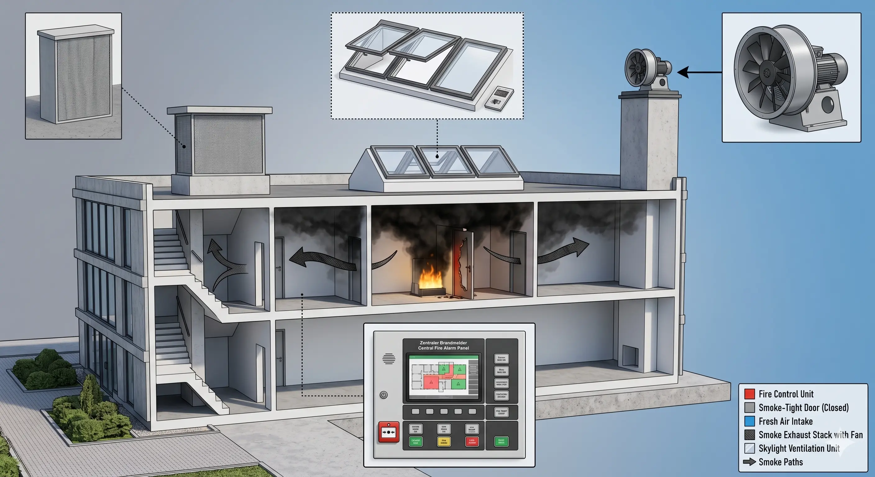 Cutaway diagram of an AOV smoke ventilation system showing fire, smoke paths, roof vents, fresh air intake and control panel