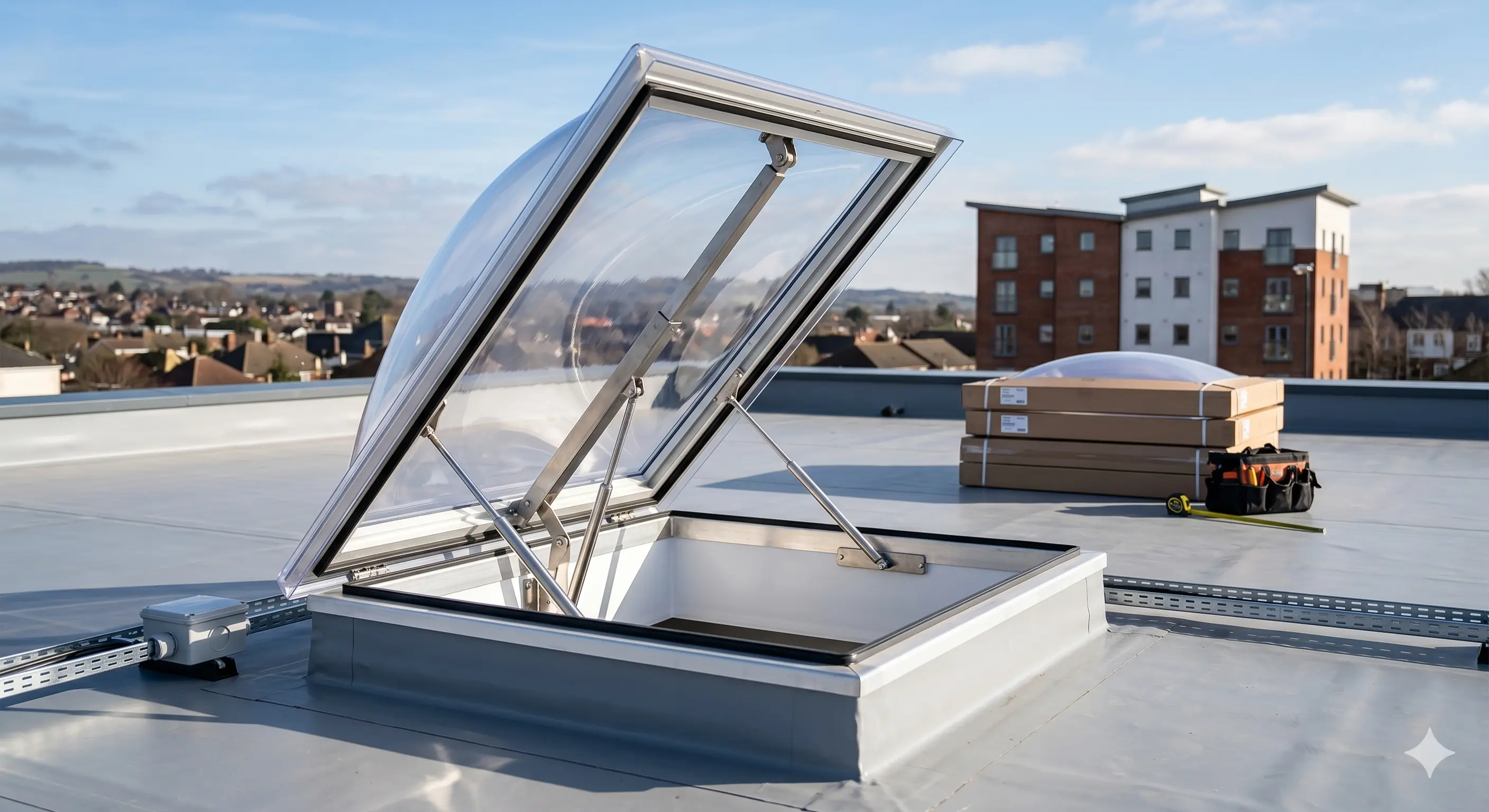 Automatic opening vent skylight installed on a flat roof, propped open for smoke ventilation