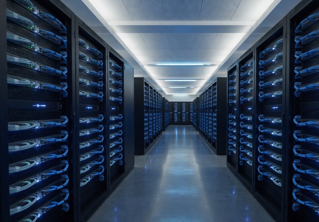 Server aisle with neatly cabled racks and blue lighting