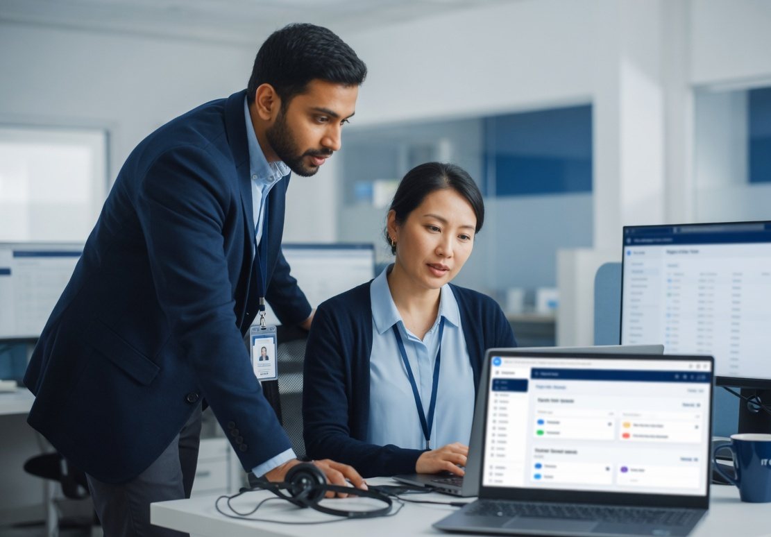 IT specialist helping a colleague at a support desk