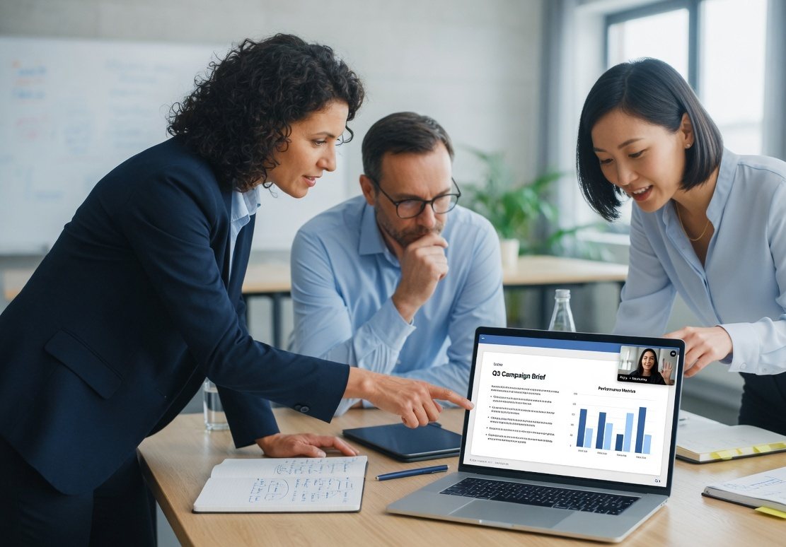 Team collaborating around a laptop with documents and a video call