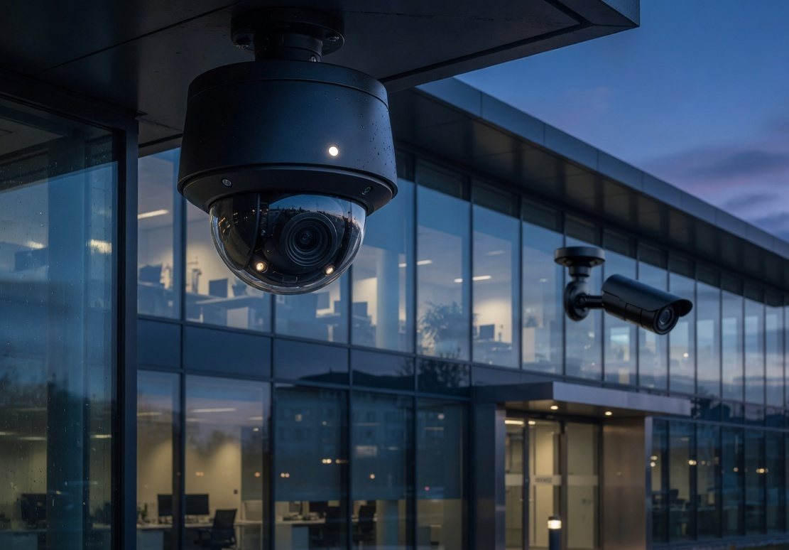 Dome and bullet CCTV cameras on a glass office at dusk
